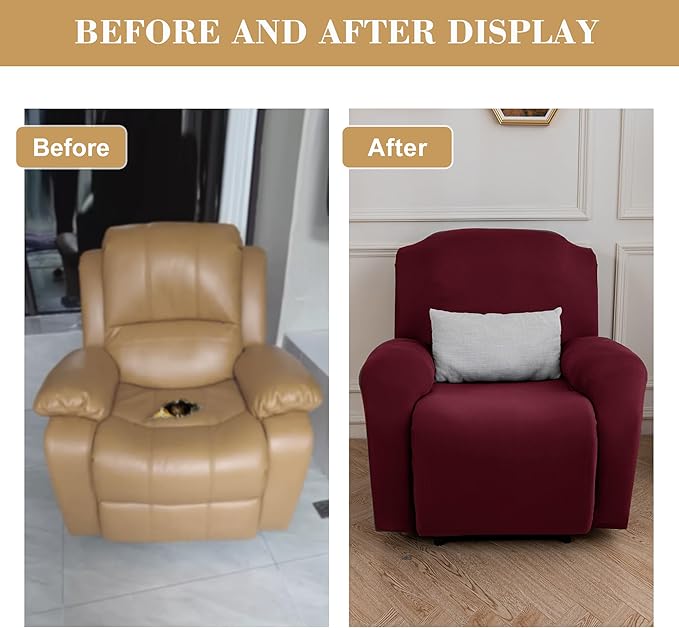 Jin Le 4 Pieces Recliner Cover Stretch Recliner Chair Cover 1 Seater Recliner Couch Covers Sofa Covers Stretch Soft Furniture Protector with Elastic Bottom and Ties for Kids Pet(Recliner, Burgundy)