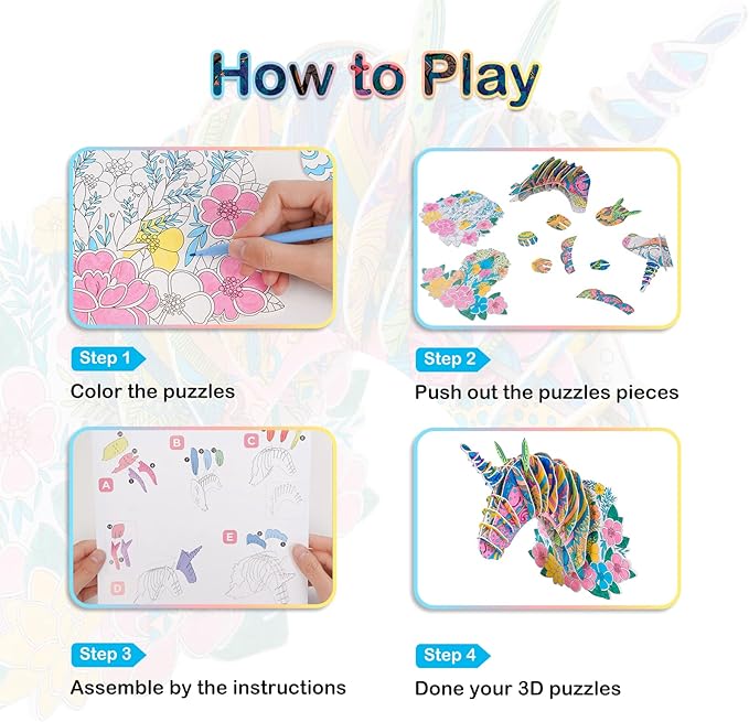 Hautton 3D Coloring Puzzle, Creative DIY Painting Puzzle Set Toy with 10 Coloring Pens, Fun Arts Crafts Gift for Kids Age 3 4 5 6 7 8 9 10 11 12 -Hornhorse