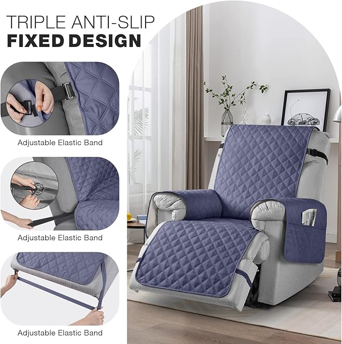 TAOCOCO Waterproof Recliner Chair Covers with Leg Strap 1 Piece Oversized Recliner Covers for Large Recliner for Pets Kids, Washable Reclining Chair Furniture Protector(28'' Oversized, Bluish Grey)