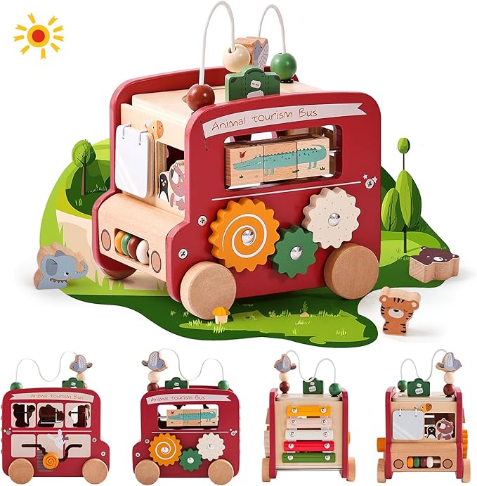 Wooden Activity Cube 8-in-1 Montessori Toys | Multifunctional Early Educational Learning Toys | Activity Cube for Baby Shape Sorter Xylophone Animal Travel Bus Toys Boy Girl Birthday Gift（Red Bus）