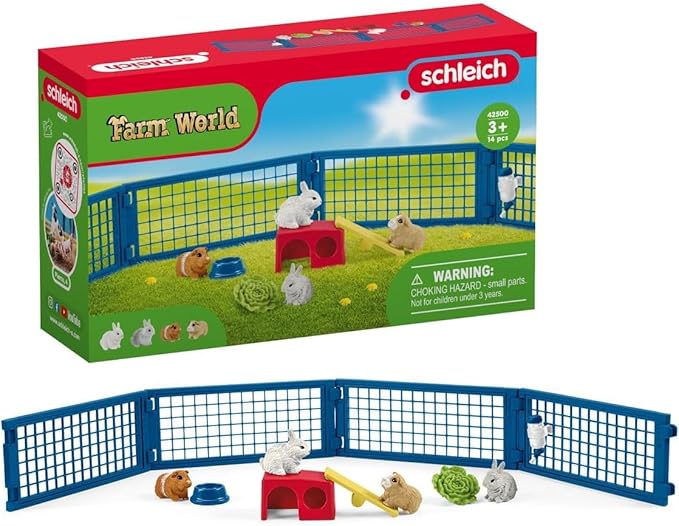 Schleich Farm World, Animal Toys for Kids, Rabbit and Guinea Pig Toy Set with Hutch 14-Piece Set, Ages 3+