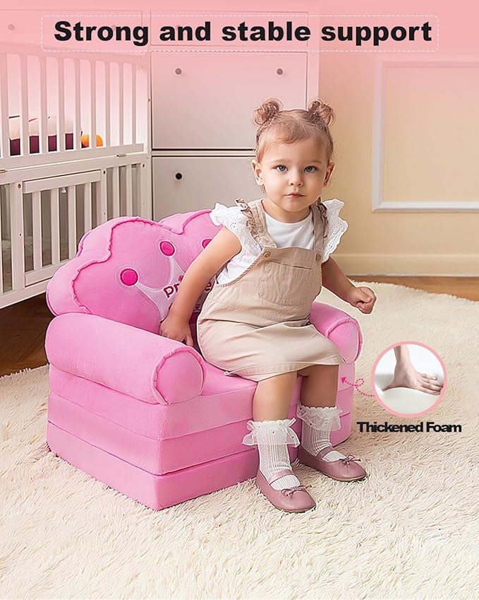 MOONBEEKI Kids Foldable Sofa Bed, Princess Chair for Toddlers 1-3, Pink Cartoon Shape, High Density Foam, Fold Out Couch for Bedroom, Sofa Bed for Girls, 15.1x19.7x2.4 inches, 4.4 lbs
