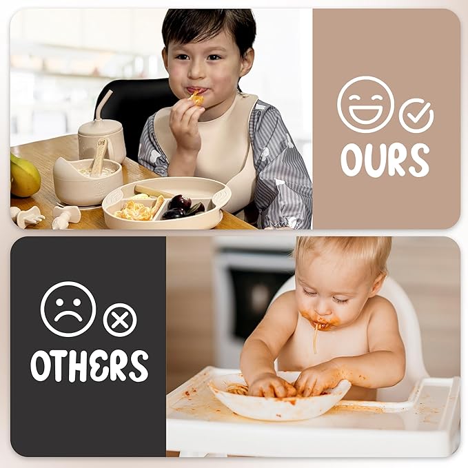 Silicone Baby Feeding Set, Eating Utensils with Suction Plate and Bowl, Baby Led Weaning Supplies, Toddler Self Feeding Dish Set with Waterproof Full Sleeve Bib, Spoon, 10pcs (Beige)