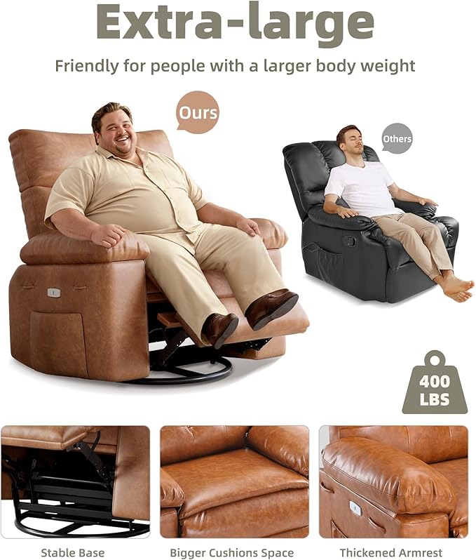 Oversized Electric Recliner Chair - 360° Rocker Swivel Recliner with Heat and Massage, PU Leather Large Power Recliner for Adults, Comfortable Lazy Chair with 1.5X Sponge Filling