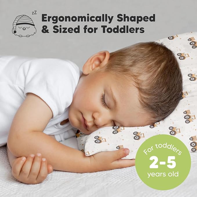 Toddler Pillow with Pillowcase - 13x18 My Little Dreamy Pillow, Organic Cotton Toddler Pillows for Sleeping, Kids Pillow, Travel Pillows, Mini Pillow, Nursery Pillow, Toddler Bed Pillow (Tractor)