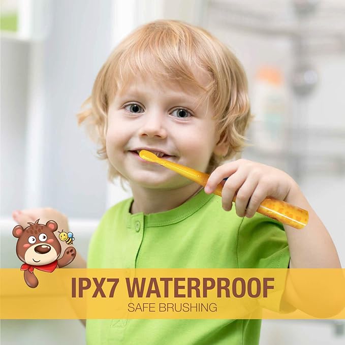 Vekkia Bear Kids Electric Toothbrush Replacement Heads - 7X More Plaque Removal, End-Rounded 3D Curved Soft Bristles, Comfortable & Efficient Clean Teeth, Perfect for Kid Small Mouth, Yelow (4 Pack)