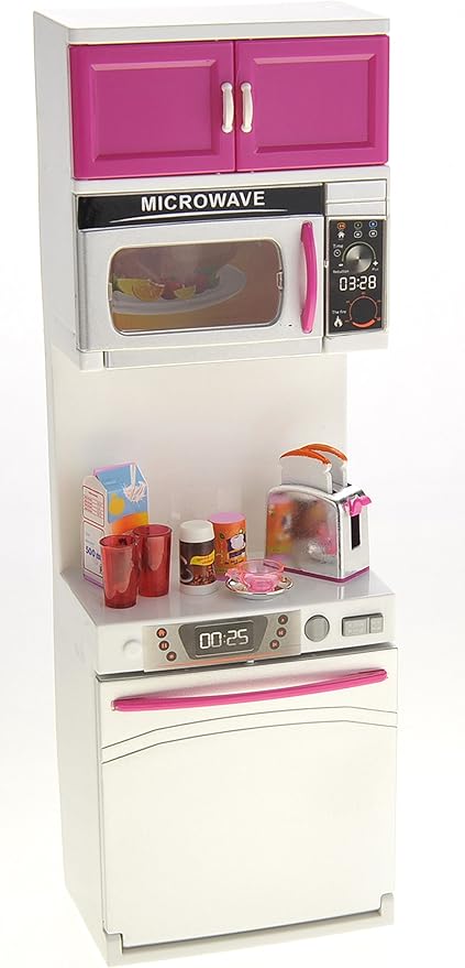 PowerTRC Doll Kitchen Play Set, Mini Modern Toy Kitchen Pretend Play Furnitures Toy Set Accessories Set with Realistic Light & Sound for Kids Toddlers Girls (4-in-1)