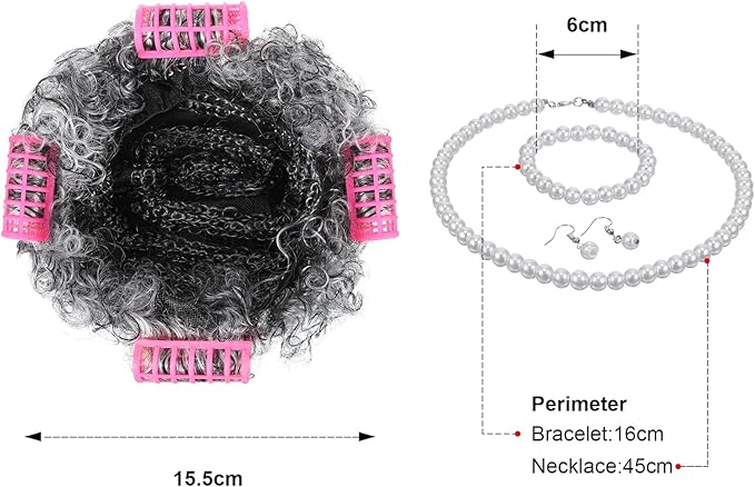 Tatuo 7pcs Halloween Old Lady Costume Granny Wig Shawl Cane Frame Glasses with Chain Pearl Necklace Bracelet Earrings