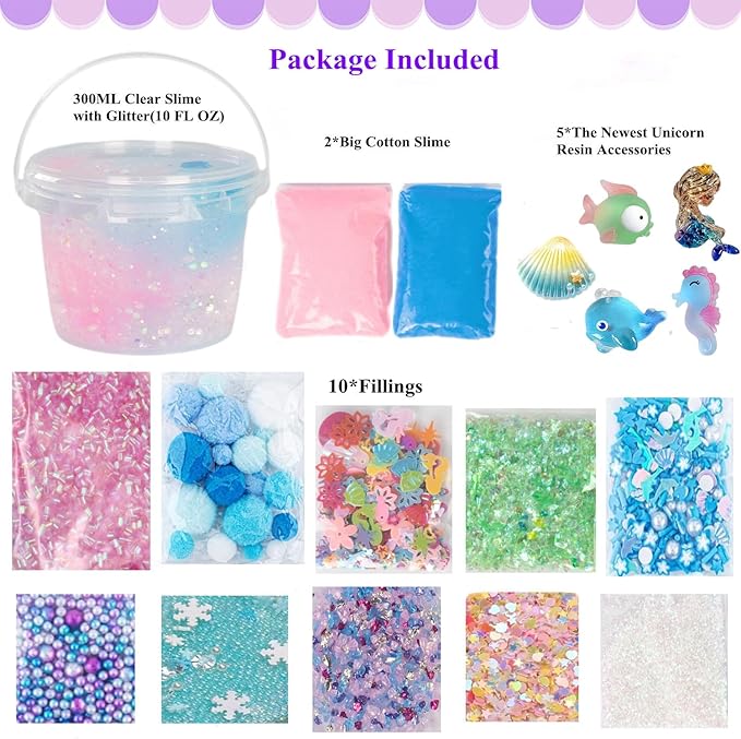 Mermaid Slime Kit,Clear Slime Bucket Kids Birthday Party,Slime Party Favors for Kids Children's Birthday Party Gifts Stress Relief Slime Kit for Girls and Boys