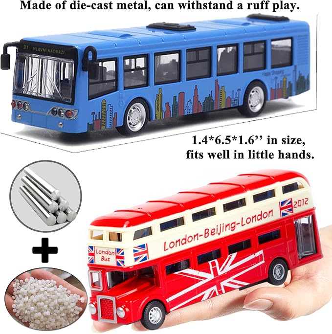 OTONOPI Bus Toys Pull Back School Bus Double Decker London Vehicles City Sightseeing Tour Bus Die Cast Metal Toy Cars Friction Powered Play Vehicle Toy Set for Kids 4 Pack