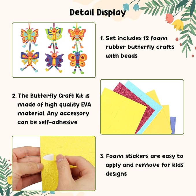 Fennoral 12 Pack Butterfly Craft for Kids Make Your Own Butterfly Foam Stickers with Beads DIY Arts and Crafts for Kids Boys Girls Party Favor Summer Fall Decoration Birthday Gifts