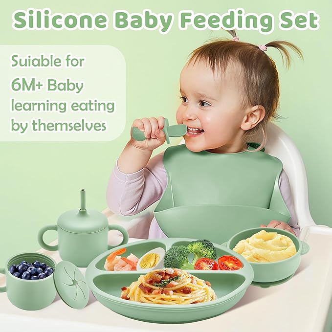 Silicone Baby Feeding Set, Baby Led Weaning Supplies, Eating Essentials Utensils with Suction Plate and Bowl, Pocket Bib, Sippy Cup with Lid, Forks Spoons Snack Container, for 6+ Months, Green