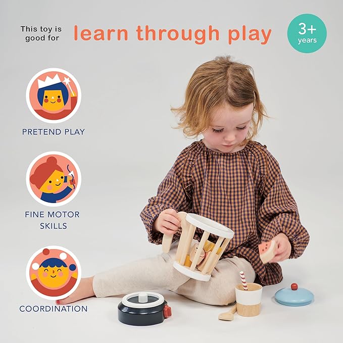 Mentari Toys - Smoothie Maker - 12pc Wooden Blender Play Set with Fruit, Cup, Straw & Spoon - Pretend Play Kitchen Toy for Toddlers - Encourages Creativity, Fine Motor Skills & Healthy Eating - Age 3+