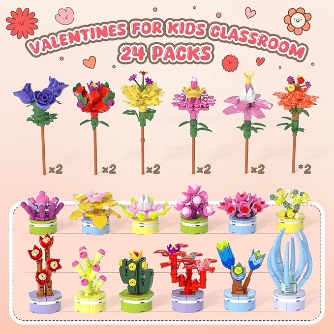 Valentines Day Gifts for Kids, Valentines Day Cards for Kids School with Flower and Succulents Building Blocks, Ideal for Kids Classroom Gift Exchange Building Set, Valentine Party Favor, 24 Packs