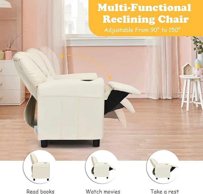 ARLIME Kids Recliner chair, toddler Armchair Upholstered Couch with Cup Holder, Backrest, baby Leather sofa with Headrest and Footrest, Child Furniture for Ages 2-7 (Beige)
