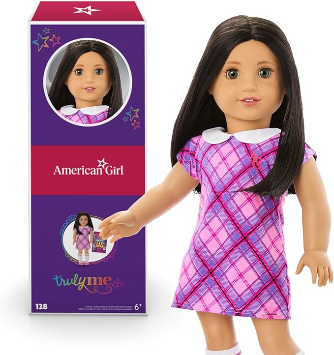 American Girl Truly Me 18-inch Doll #128 w/Green Eyes, Blk-Br Hair, Lt-to-Med Skin & Warm Undertones + Freckles, for Ages 6+