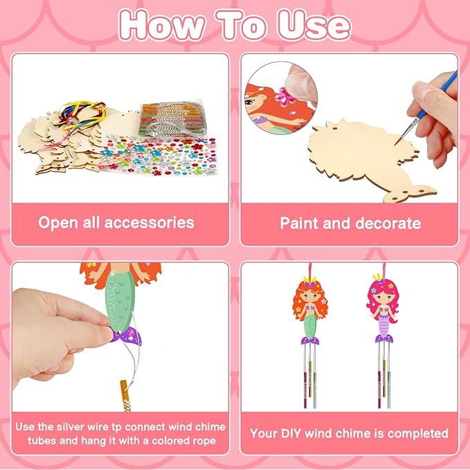 Fennoral 9 Pack Mermaid Wind Chime Kit for Kids Make Your Own Wind Chime Wooden Arts and Crafts for Girls Boys Ornaments DIY Coloring Mermaid for Summer Art Activity Birthday Party Decoration