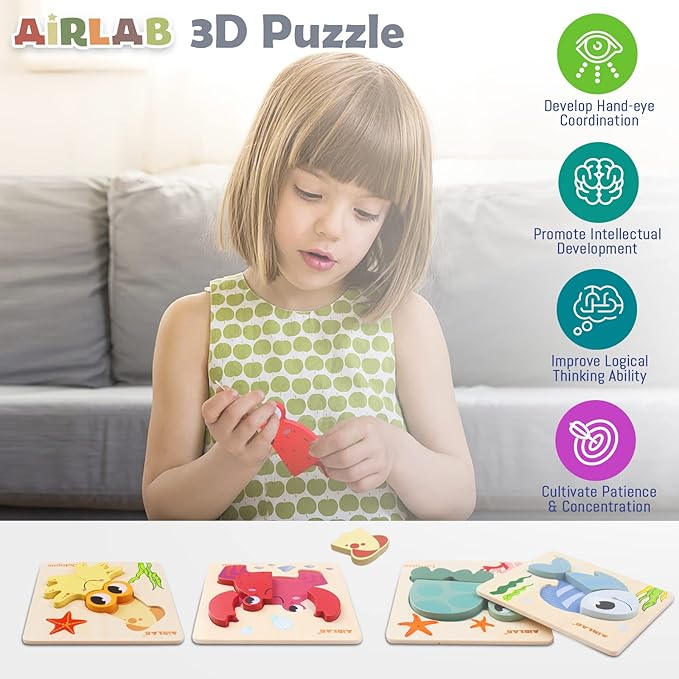 Wooden Puzzles for Toddlers Ocean Animals Montessori Toys Year Old Baby Girl Boy Gifts Educational Learning Bright Color Chunky Shape Puzzle Pack of 4