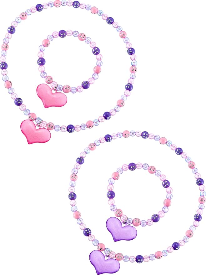 Zhanmai 2 Pcs Girl Princess Necklace Bracelet Set Lovely Princess Heart Shape Beads Necklace Stretchy Jewelry Set Girls Costume Jewelry Gift Party Favors for Dress up
