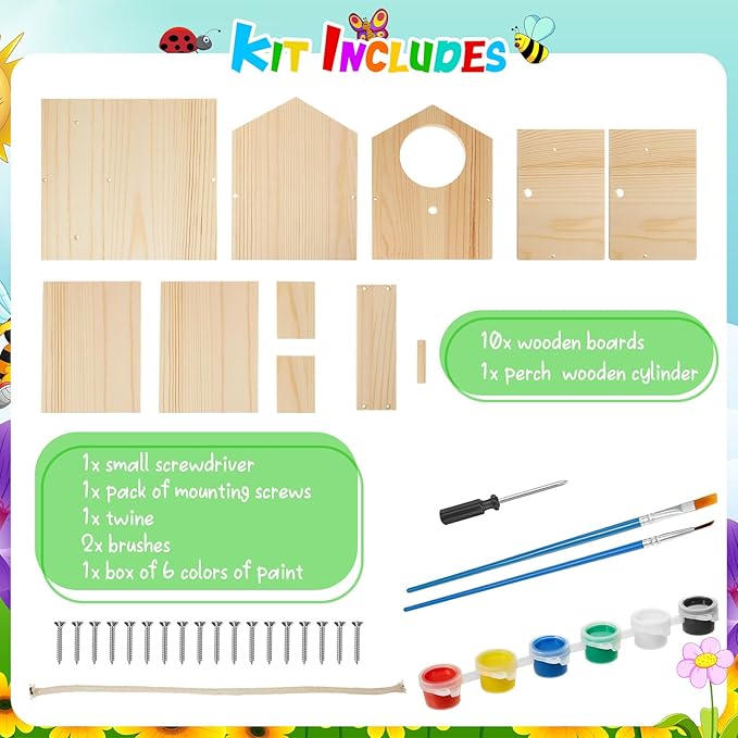 Liliful 1 Pack Wooden Birdhouse Kit DIY Bird House with Paint and Paintbrushes Art and Crafts Painting Kits for Boys Girls Adults Build Paint Classroom Birthday Indoor Outdoor Craft