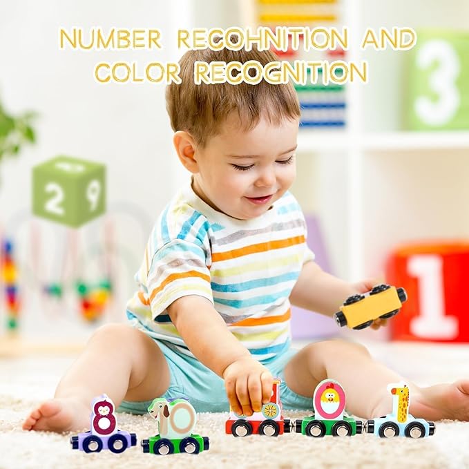 Toys for Toddlers, 12pc Wooden Magnetic Train Track Set with Animal and Digital Designs, Montessori Educational Toy for 2 3 4 5 Year Olds Boys and Girls Christmas Birthday Gift