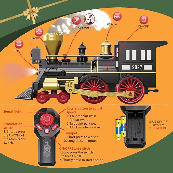 Train Set for Kids Remote Control Train Toys w/Steam Locomotive, Fuel Tank Car & Luxury Tracks, Electric Trains w/Realistic Smoke,Sounds & Lights, Christmas Birthday Gift for Boys Girls 3 4 5 6 7+