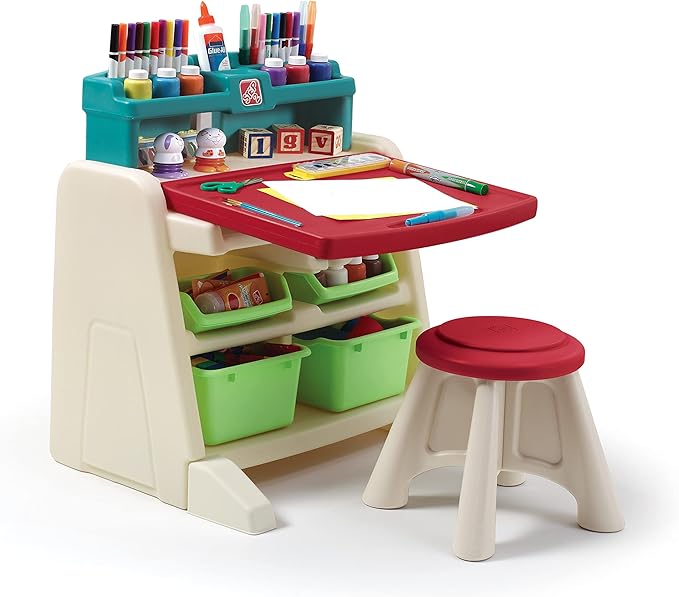 Step2 Flip & Doodle Easel Desk With Stool, Kids 2 in 1 Activity Table, Art Board, Made of Durable Plastic, For Toddlers 2+ Years Old