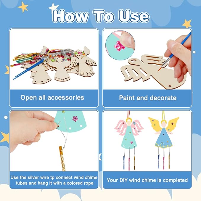 Fennoral 9 Pack Angel Wind Chime Kits for Kids Make You Own Angel Wind Chimes DIY Wooden Crafts to Paint for Art Activities Christmas Tree Hanging Ornaments Christmas Decoration