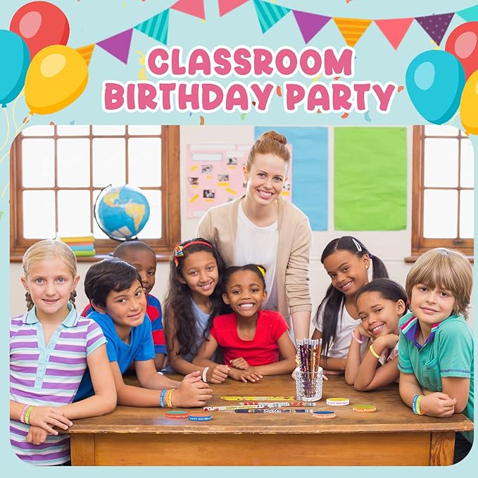 Sabary 48 Pcs Happy Birthday Pencils Rubber Bracelets Set Birthday Party Favors Birthday Pencils Silicone Wristbands Birthday Bracelet for Kids Students Teachers Classroom Reward Gifts (Cute Style)