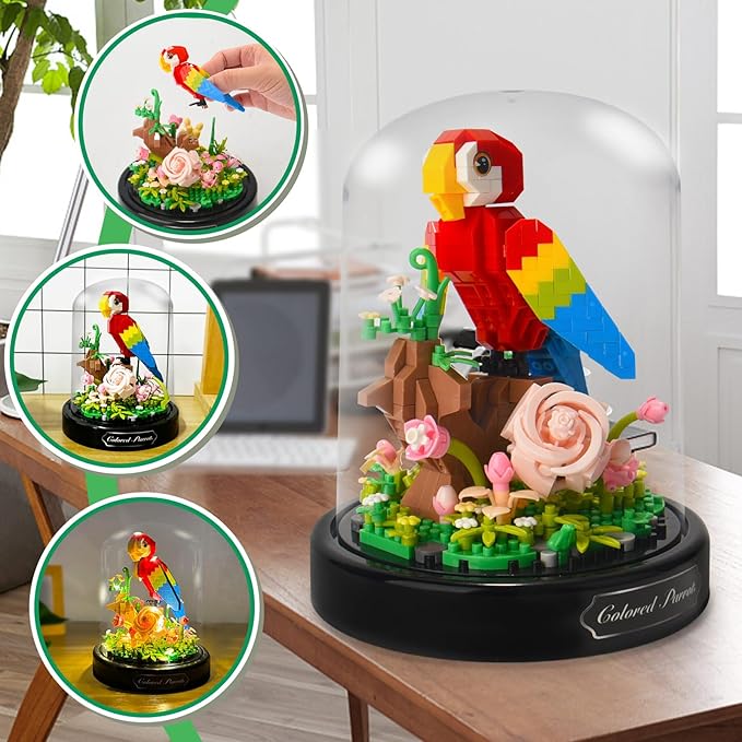 Topdear Flower Parrot Bouquet Building Set with LED String Light and Dust Cover, 551 Pcs Animals Flower Mini Bricks Building Blocks Toy for Kids, Adults, Gift for Mother's Day, Christmas(Red)