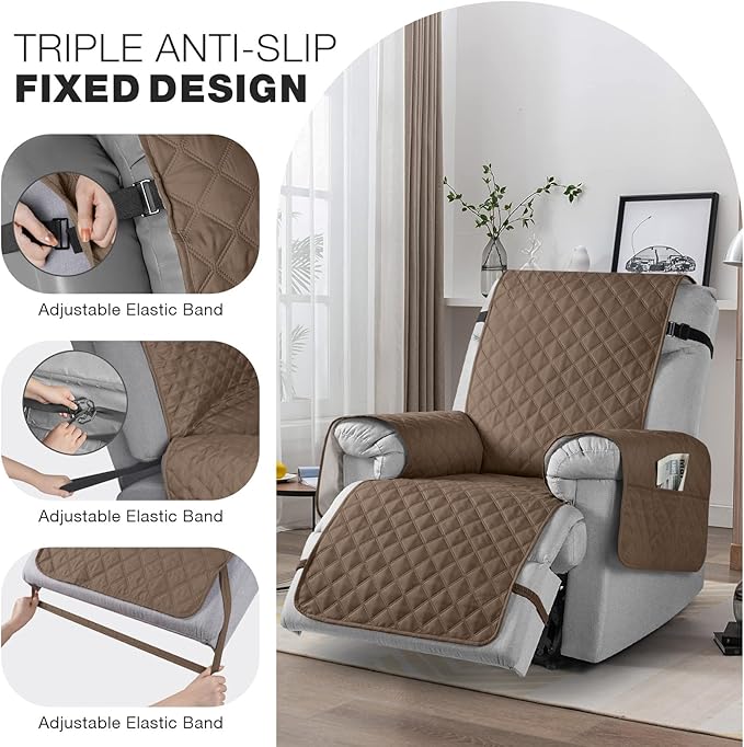 TAOCOCO Waterproof Recliner Chair Covers with Leg Strap 1 Piece Oversized Recliner Covers for Large Recliner for Pets Kids, Washable Reclining Chair Furniture Protector(28'' Oversized, Brown)