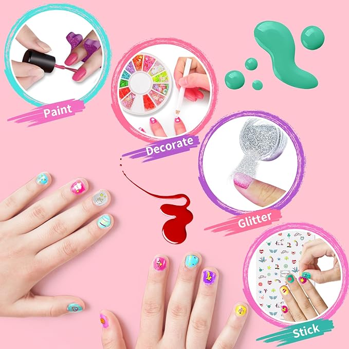 Nail Polish Kit for Kids Ages 7-12 Years Old，Nail Art Studio Set for Girls, Nail Dryer, Peeled-off Nail Polish, Glitter, Stickers, Gems, Manicure Salon Gift for Sleepover, Birthday, Christmas