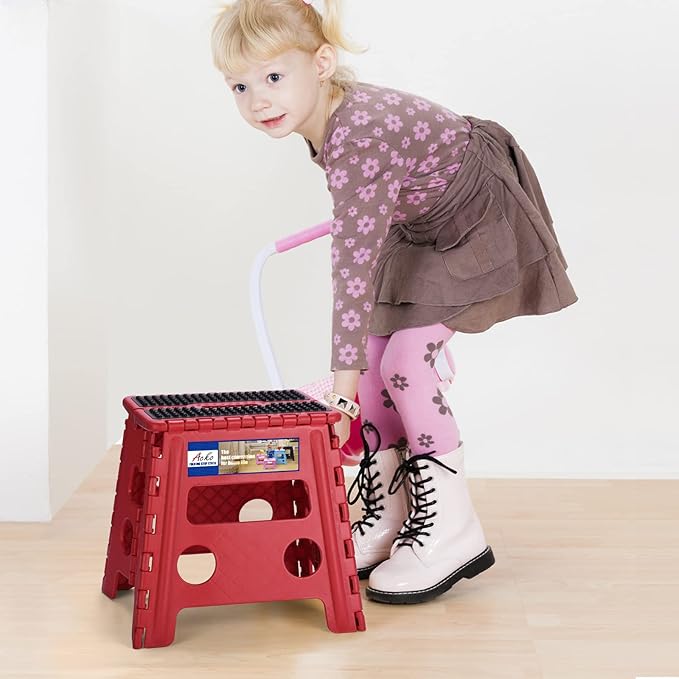 ACKO Folding Step Stool - 13" Height Premium Heavy Duty Foldable Stool for Kids and Adults, Kitchen Garden Bathroom Stepping Stool (1 Pack) Dot Red