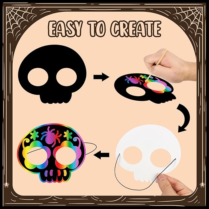 Leesgel Halloween Scratch Crafts for Kids, 16Pcs Halloween DIY Cosplay Scratch Mask and 30Pcs Magic Scratch Off Paper, Halloween Party Games Favors Classroom Activity Art Kit
