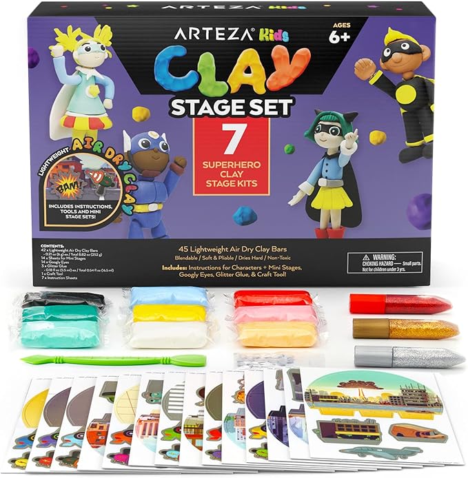 Arteza Kids Air Dry Clay, 42 Bars, Superhero Stage Modeling Clay Kit, 14 Mini-Stages, 14 Googly Eyes, 3 Glitter Glues, 1 Craft Tool, 7 Instruction Sheets, Craft Supplies for Learning and Developing