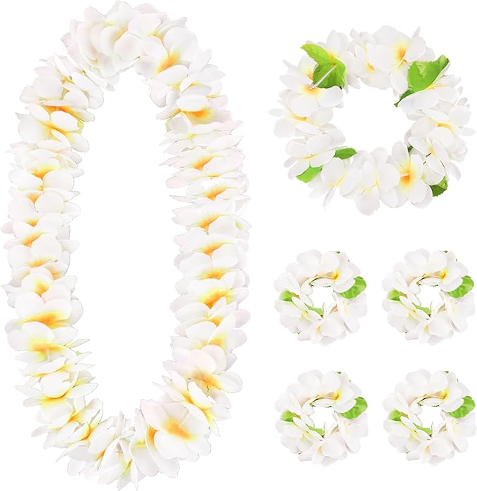 HOBBY HORSE 6 Pieces Hawaiian Luau Flower Leis Halloween Decor Leis White Necklaces Bracelets Headband Anklets Set Tropical Party Favor for Halloween Cosplay Beach Wedding Birthday Party Supplies