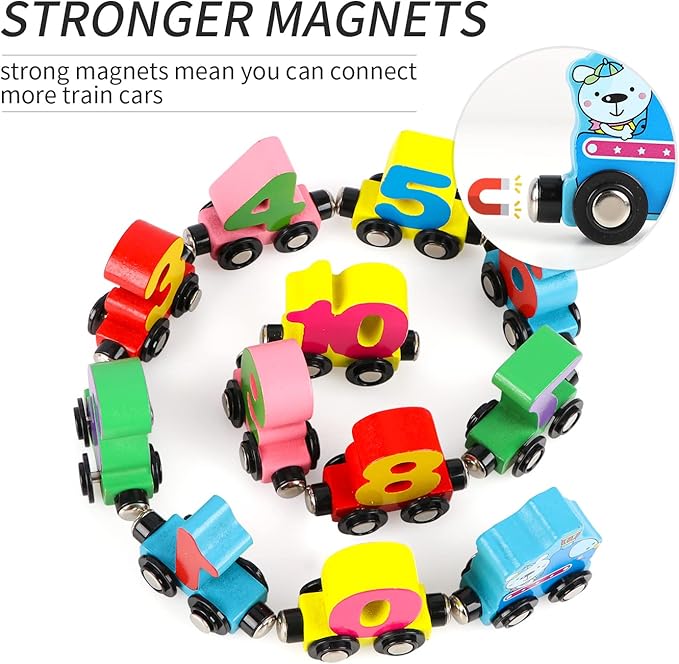 Wondertoys 12 PCS Wooden Train Set Toy Wooden Magnetic Number Train Set Includes 1 Engine Cars for Toddlers Boys and Girls, Compatible with Major Brands Train Set Tracks