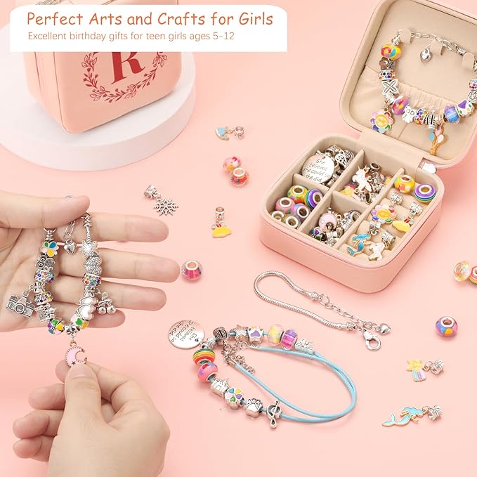 Charm Bracelet Making Kit for Girls 4-6, Kids Jewelry Making Kit 5-7 6-8 66Pcs Jewelry Kits for Teen Girls Ages 8-12 Jewelry Maker Craft Birthday Christmas Gifts with Initial Jewelry Organizer Box -J