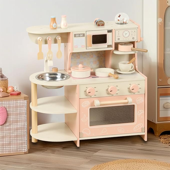 Wooden Kitchen Playset for Kids Ages 3-8, Pretend Play Kitchen for Toddlers with Realistic Design, Cooking Accessories, Coffee Maker, Oven, Microwave, Sink - Small