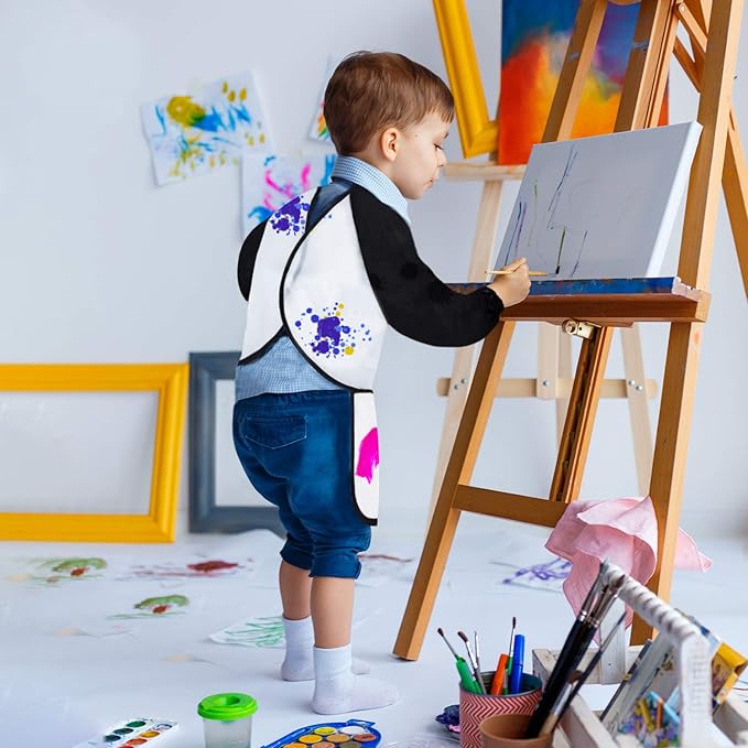 Kids Art Smocks, Painting Apron Artist Smock with Sleeve and 3 Pockets 2 Pack Black/White Set