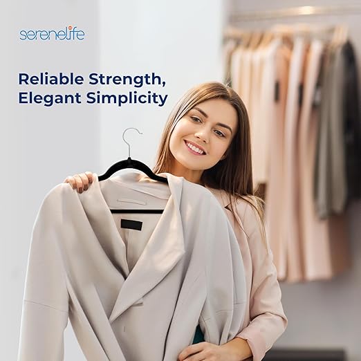 SereneLife Non-Slip Velvet Hangers, Mega Pack, 150 Pieces Hangers for Clothes, Heavy Duty Cloth Hanger Set with 360 Degree Swivel Hook, Black