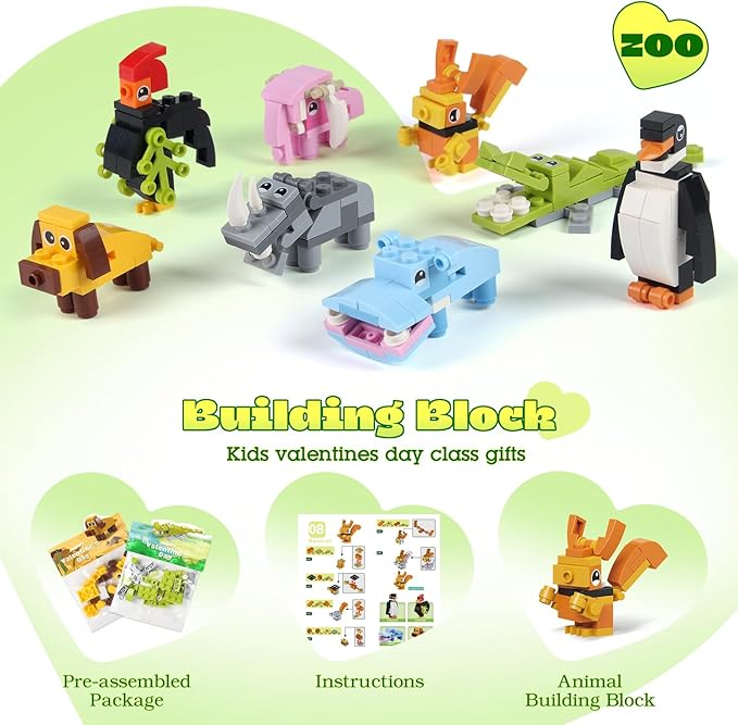 Valentines Day Gifts for Kids - 24 Pack Prefilled Animal Building Blocks with Valentine's Day Cards Sets for School Classroom Class Party Favor, Valentines Crafts Exchange for Boys Girls Teens