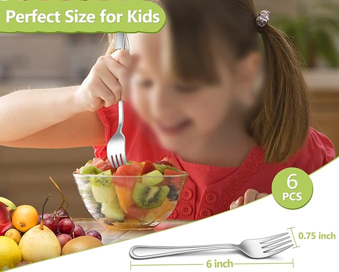 TeamFar Toddler Forks, 6 Pcs Stainless Steel Kids Utensil Small Fork for Child Self Feeding, with Line Patterned Edge, Non Toxic & Healthy, Mirror Surface & Dishwasher Safe, Easy to Grip