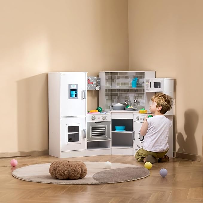VEVOR Corner Wooden Play Kitchen, Toy Set with Lights and Sounds, Toddler Kitchen with Ice Maker, Oven, Sink, Clock, Microwaves, Refrigerator and Accessories, for Toddlers, Preschoolers, White