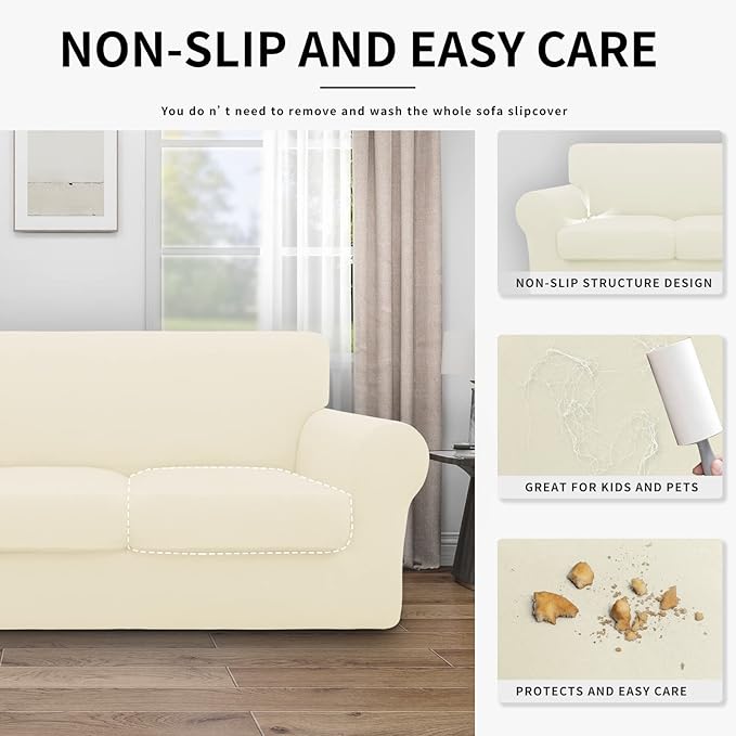 Easy-Going 100% Dual Waterproof Oversized Cover Stretch Soft Couch Cover for Dogs, Sofa Slipcover for 3 Separate Cushion Couch Leakproof Furniture Protector for Kids, Pets Ivory