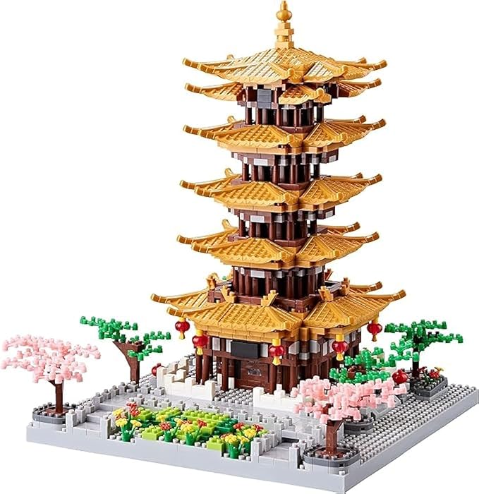 Chinese Architecture Ancient Famous Collectible Micro Building Blocks Set for Adults, 2200PCS Creative Model - Yellow Crane Tower with Cherry Blossom Tree Cherry Plants Toys and Presents