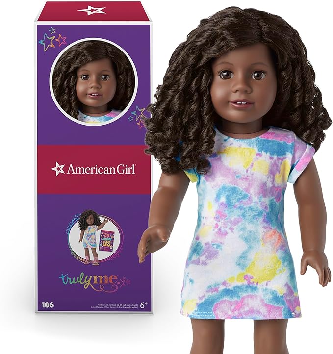 American Girl Truly Me 18-inch Doll #106 with Brown Eyes, Black-Brown Hair, Very Deep Skin, T-shirt Dress, For Ages 6+