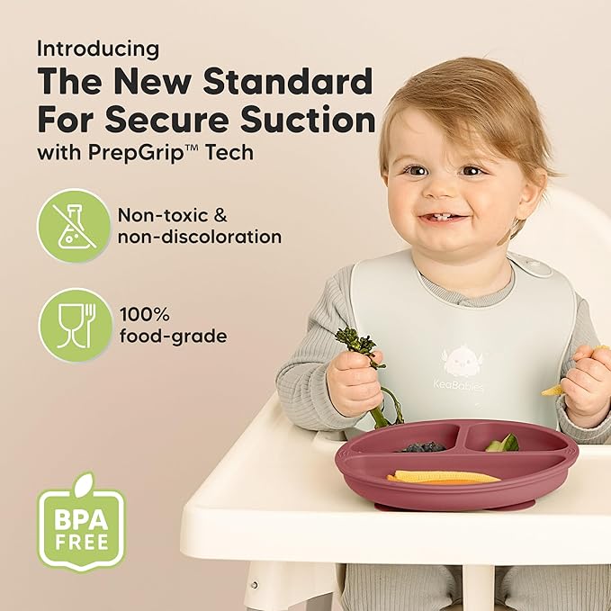 KeaBabies Suction Plates for Baby, Toddler - 3-Pack 100% Silicone Toddler Plates, Divided Baby Plates with Suction, Silicone Plates for Baby, Kids, BPA-Free, Microwave, Dishwasher Safe (Burgundy)