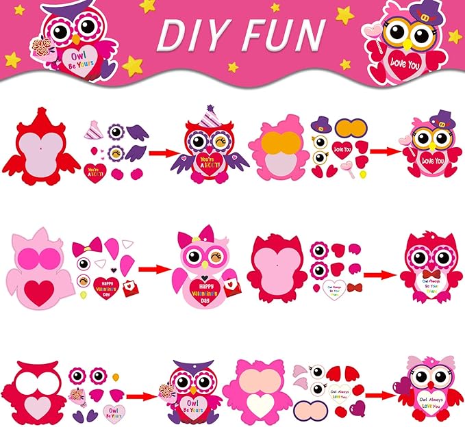 chiazllta 30 PCS Valentine's Day Craft Kits DIY Owl Craft for Kids Valentine's Heart Craft Make Your Own Owl Bulk Set for Home Classroom Game Activities