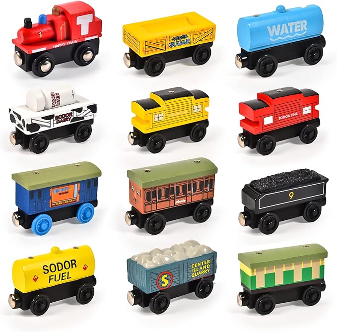 Atoylink 12Pcs Wooden Train Set Magnetic Train Toys for Toddlers Kids Engine Vehicles Toy Train Cars for Boys Girls Compatible with Train Tracks